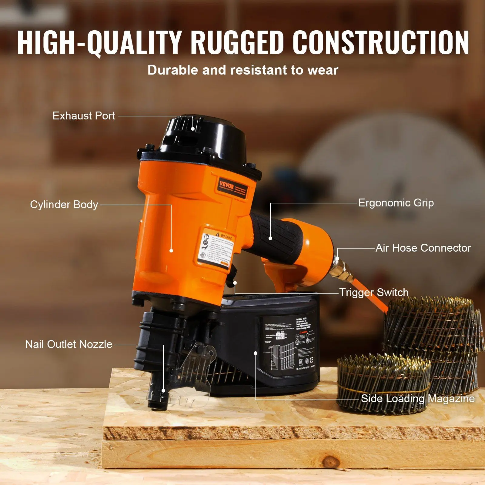VEVOR MCN70 15-Degree Pneumatic Coil Siding Nailer, 1-3/4 in to 2-3/4 in Wire-Collated Coil Nails, Side Loading Magazine, Ideal for Fencing, Wooden Furniture, Hand Tools Applications