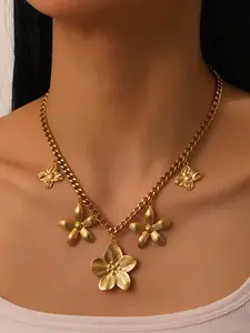 1Pcs Stainless Steel Metal Large Flower Pendant Necklace For Women Trendy 18K Gold Plated Neck Chain Waterproof Jewelry