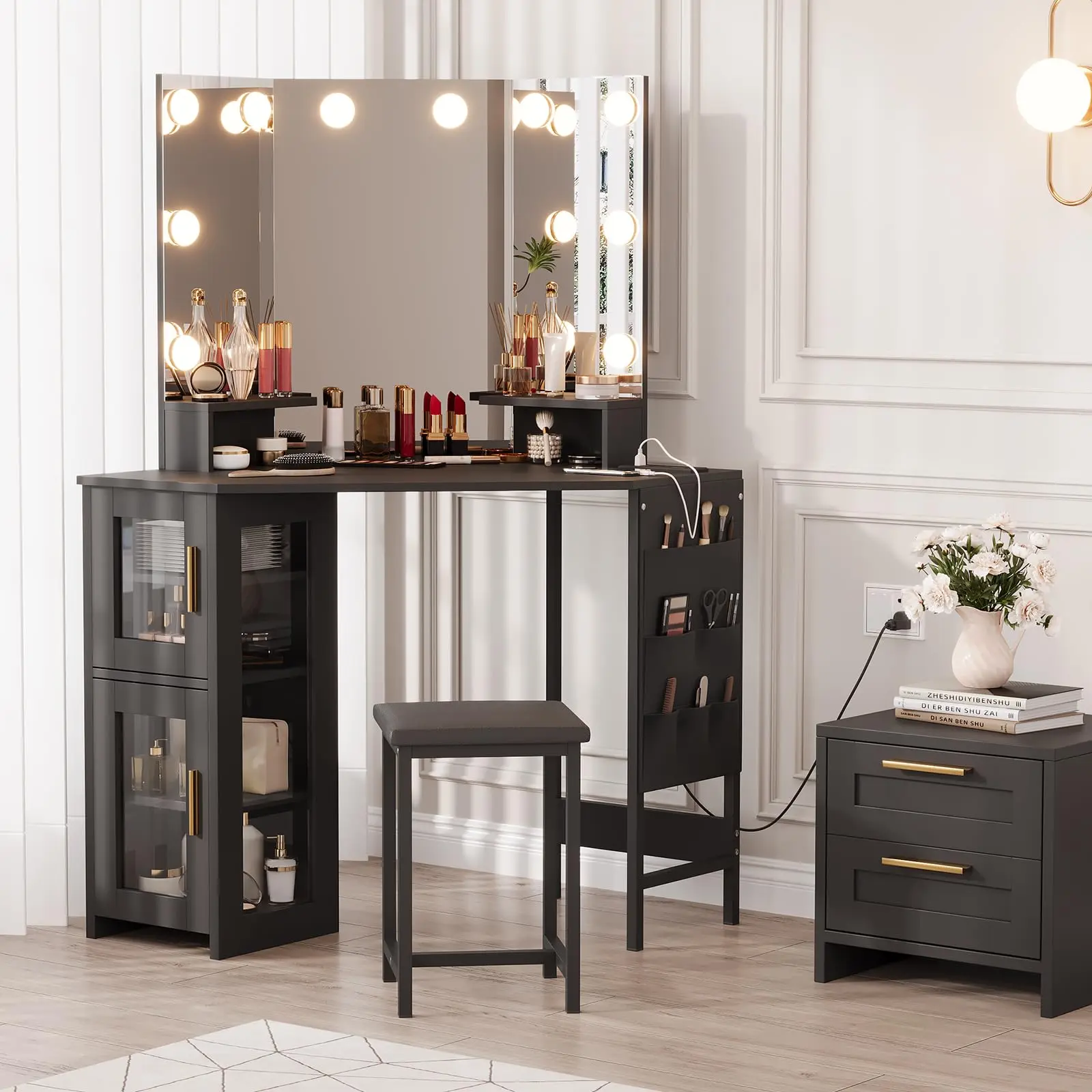 Corner Vanity Desk Mirror - 3-Fold Mirror with 3 Lighting Modes, Built-in Power Station with Outlets and USB Ports, for Bedroom, Makeup Studio,Black