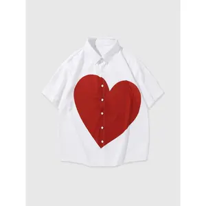 Unisex heart-print short-sleeve collared shirt, loose casual comfortable top for daily wear, unisex clothing for all seasons GARMENTARY