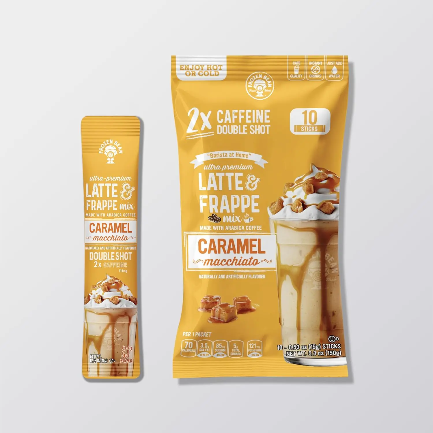 The Frozen Bean Caramel Macchiato Instant Coffee Frappe, 10 Sticks | Real Arabica, 114mg caffeine, 5g sugar, Single serve packets, Hot or blended iced, On the go