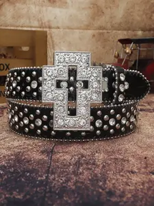 1pc Unisex Y2K Western Cowgirl Cowboy Belt, Rhinestones Silver Color Studs, PU Hollow Out Cross Buckle, Casual Party Fashion Accessory, Studded Belt