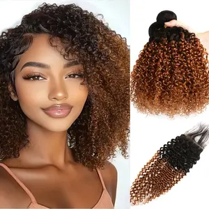 100% Burmese Curly Hair With Lace Closure Ombre Kinky Curly Human Hair 2/3/4 Bundles With HD Closure Deep Wave Hair With Closure