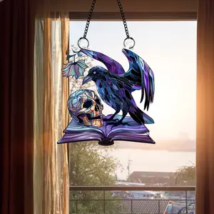 Raven Acrylic Window Decor, Skull Acrylic Bird Window Hangings Art Decoration, book lover gift, Halloween Gift, House decor, Spooky Season