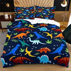 Colorful Dinosaur Duvet Cover Set 2/3 pcs, Cartoon Dinosaur Bedding Set Breathable Soft Wild Animal Comforter Cover, Jungle Dino Plant Bedroom Decor, Cartoon Printed Bedding