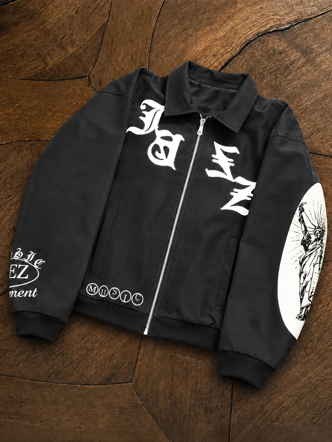 Bomber Jacket Men's Fashion Statue of Liberty Graphic Zip Up Coat, Vintage Streetwear Printed Collared Jacket, Casual Lightweight Outerwear for Fall Winter, Oversized Hip Hop Y2K Urban Style Windbreaker for Daily Wear and Parties Concert Outfit