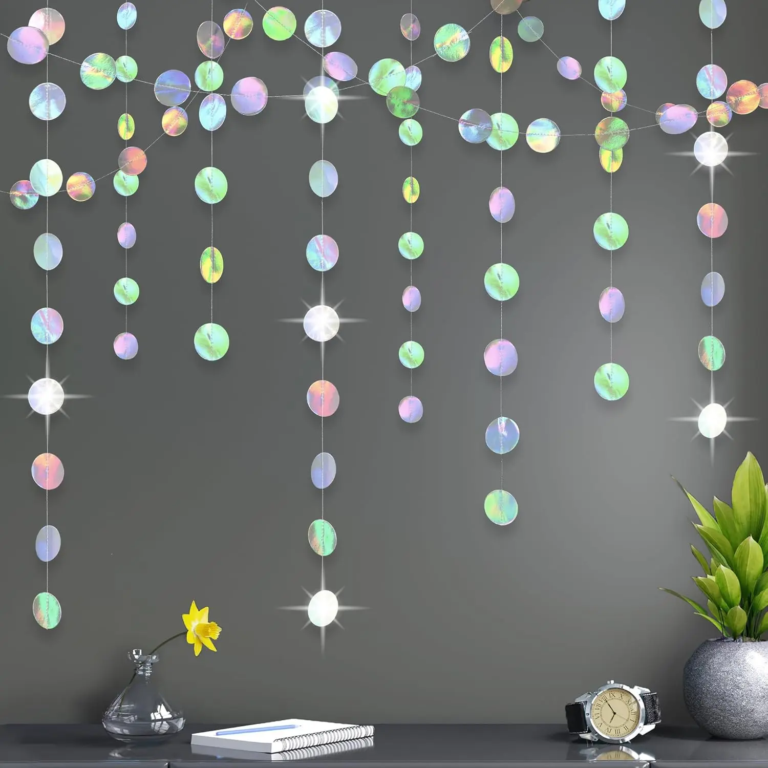 , Shiny Iridescent Circles Garland - 4 Strings, No DIY | Disco  Garland for Iridescent Party Decorations and Christmas Decor | Holographic Garlands | Happy   Decorations 2026
