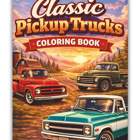 Classic Pickup Trucks Coloring Paperback Book for Kids - Deluxe, Pen-Friendly Single-Sided Pages, Healing Illustrations, Modified Designs, Vintage Trucks, Retro Cruiser Art, Manolo-Inspired Styles, English, Transportation, Easy Use, Precious Moments