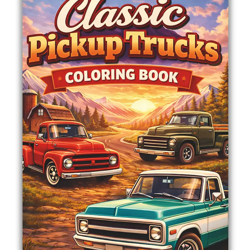 Classic Pickup Trucks Coloring Paperback Book for Kids - Deluxe, Pen-Friendly Single-Sided Pages, Healing Illustrations, Modified Designs, Vintage Trucks, Retro Cruiser Art, Manolo-Inspired Styles, English, Transportation, Easy Use, Precious Moments