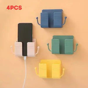 4Pcs Adhesive Wall-Mount Phone Holders - Multipurpose Mobile/Cellphone Accessories with Charging Stand, Remote Control Holder, Socket Pocket, Universal Storage Box for Bedroom, Kitchen