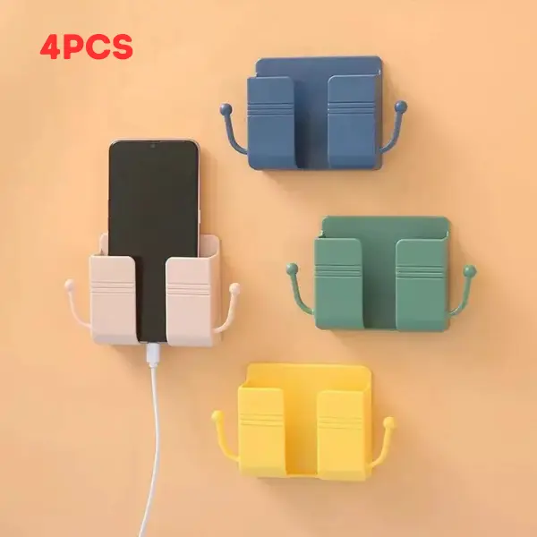 4Pcs Adhesive Wall-Mount Phone Holders - Multipurpose Mobile/Cellphone Accessories with Charging Stand, Remote Control Holder, Socket Pocket, Universal Storage Box for Bedroom, Kitchen