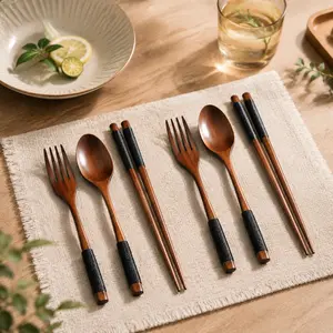 2 Sets Wooden Tableware Set for Couples, , Fork & Chopsticks, Handmade Heat-Resistant Flatware for Romantic Dinners, Daily Meals, Travel, and Gifts for Parentsjapanese chopsticks， korean spoon