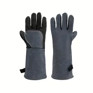 1 Pair High-Quality Durable Cowhide Gloves for Outdoor Camping, BBQ, Welding, Gardening, and Fireplace - Black with Adjustable Straps, Thick Padding for Protection, Camping Gloves