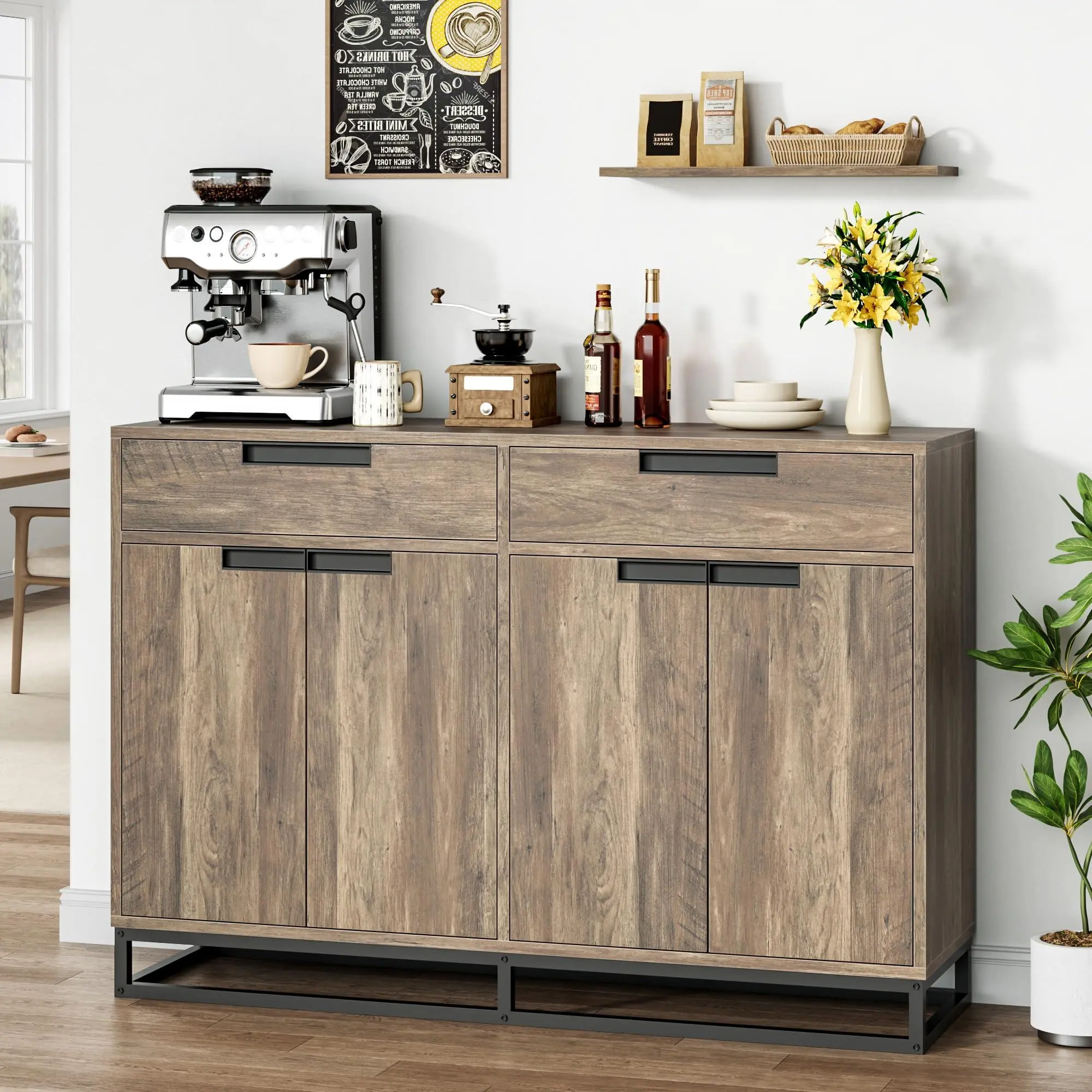 Brown Kitchen Buffet Cabinet 55 Inch Large Modern Sideboard with 2 Drawers and 4 Doors, Coffee Bar Buffet Table for Kitchen and Dining Room