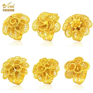ANIID Ethiopia Dubai Flower Gold Color Arab Rings Resizable For Women Wedding Jewelry African Party Gift Box Nigerian Jewellery