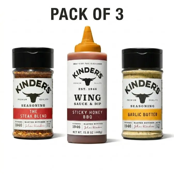Pack of 3 Kinders, Garlic Butter Seasoning 2.8 oz, Sticky Honey BBQ Wing Sauce 15.8 oz & The Steak Blend 2.5 oz