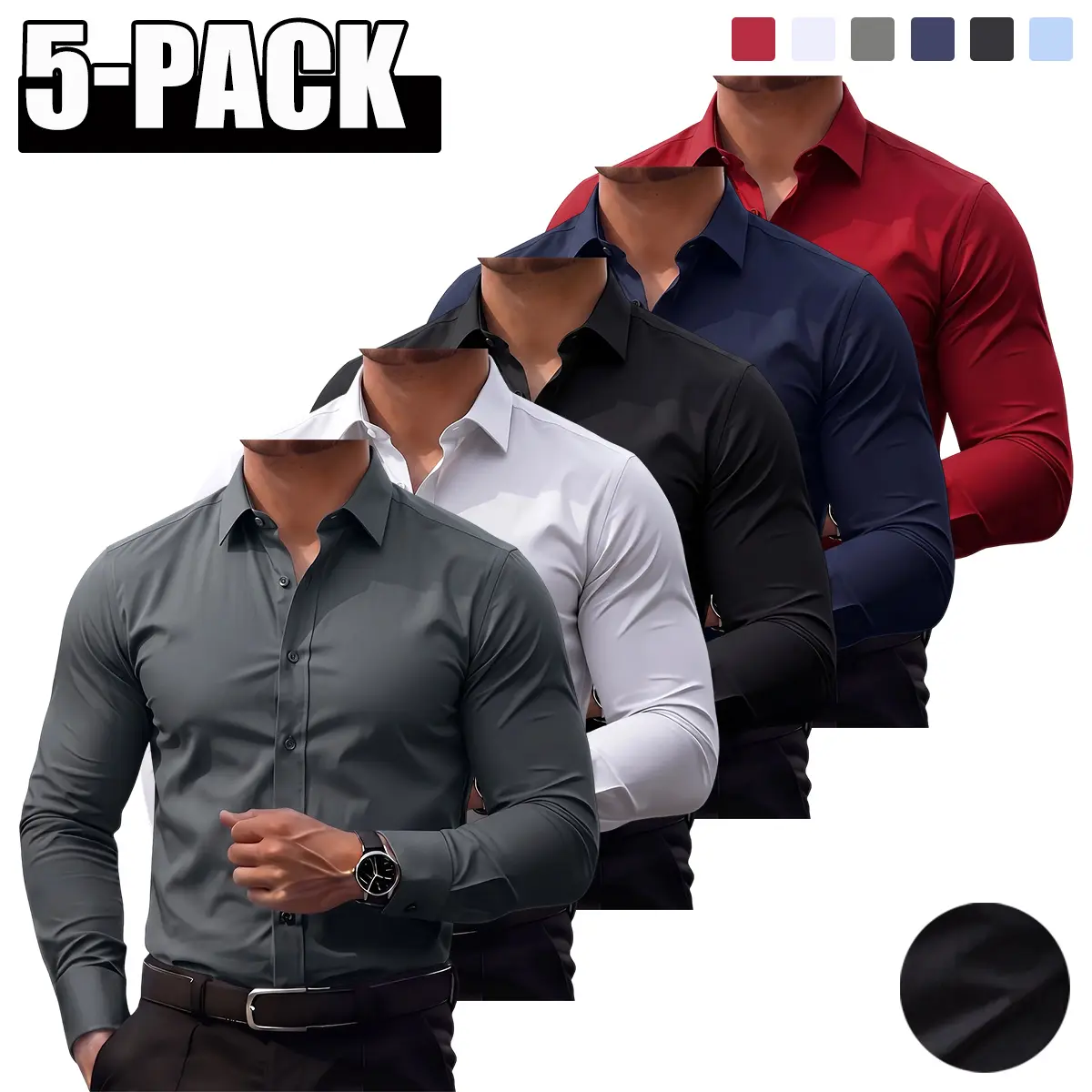 JOGWAVE 5PCS Men’s Dress Shirts, Four-Way Stretch Long-Sleeve Collared Solid Color Button-Up Shirts for Weddings & Dates, Breathable Business Casual Men’s Wear, Wrinkle-Free Travel Shirts, Men’s Tops, Fashion Style