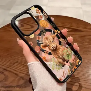 RuicaiCC MagSafe Compatible Highland Cow Autumn Flowers & Pumpkin Phone Case, Cottagecore Farmhouse Style, Clear Pink Frame Anti-Yellowing Shockproof Ultra-Thin Cover for iPhone 11 12 13 14 15 16 17 Pro Max Plus&Samsung S26 25 24 23 22