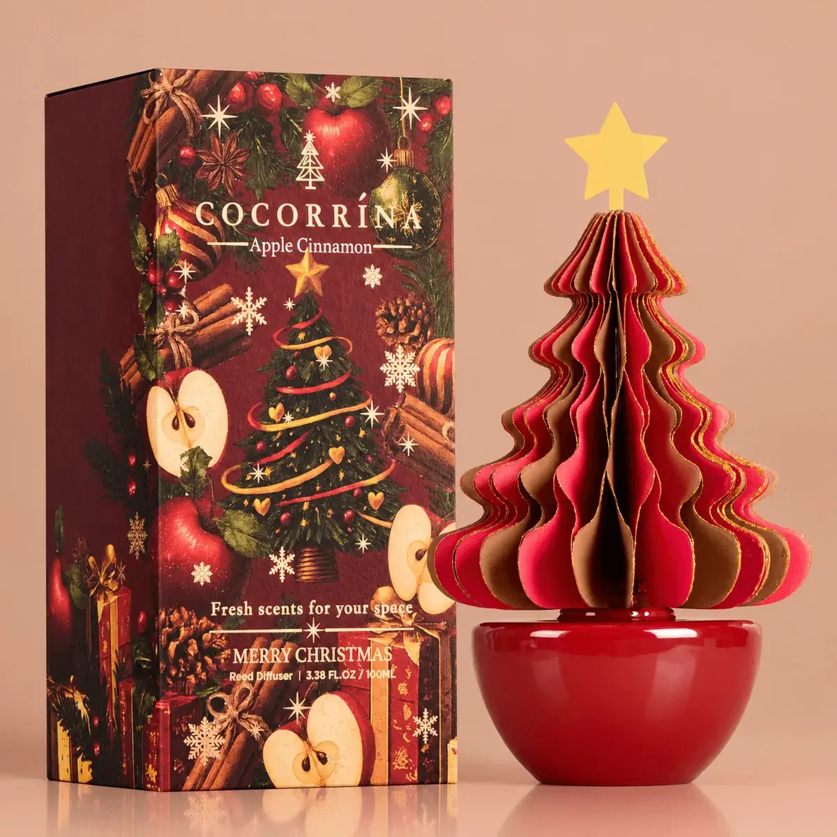 COCORRÍNA Honeycomb Paper Christmas Tree Diffuser - Apple Cinnamon 3.38 fl oz Scented Diffuser with 3D Paper Christmas Tree for Home, Bedroom Bathroom Shelf Decor, Christmas Gift, Housewarming Gift