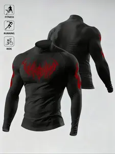 Men's Long Sleeve Letter Print High Neck Slim Fit Casual Top, All-Season Wear, Comfortable & Stylish Design