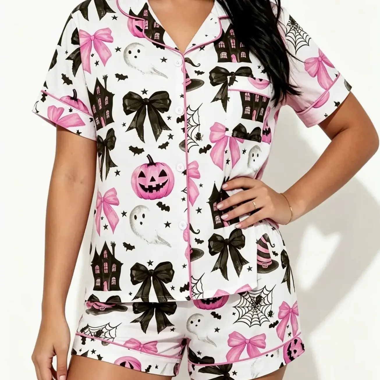Teenage Halloween Pajama Set, Loungewear, Soft Breathable Fabric, Short Sleeve Slim Fit, Casual Contrast Binding, All Seasons Wear