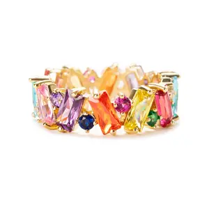 Colorful Rainbow Ring  Cut Eternity Band Rings For Women Plated Cubic Zirconia Baguette Gifts