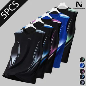 Men's 5-Pack Sleeveless Tank Tops Set - Gradient Print, Letter Detail, Crew Neck Athletic Vests for Gym Workouts and Beach Vacations