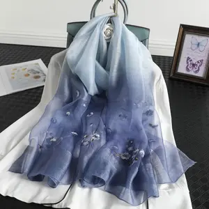 Spring and Autumn Wool Silk Scarf for Women, Mulberry Silk Embroidered Gradient Scarf, Fashionable Sun Protection Shawl for Women