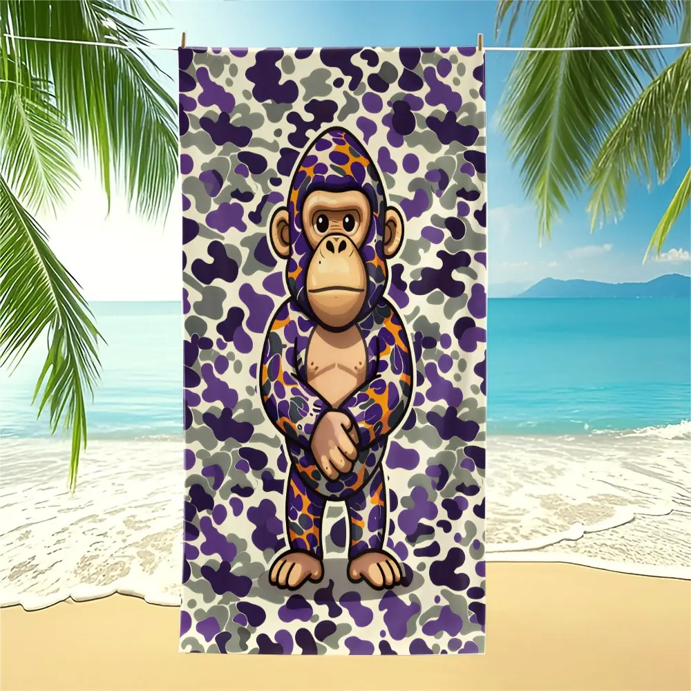Purple Camo Quick Dry Beach Towel,Sand Free Pool Towel for Camping Travel,Multi-Use Bath Towel Blanket,Streetwear Hypebeast Ape Print Towel,Lightweight Absorbent Towel for Beach Pool Bathroom,Trendy Monkey Pattern Towel for Adults Teens