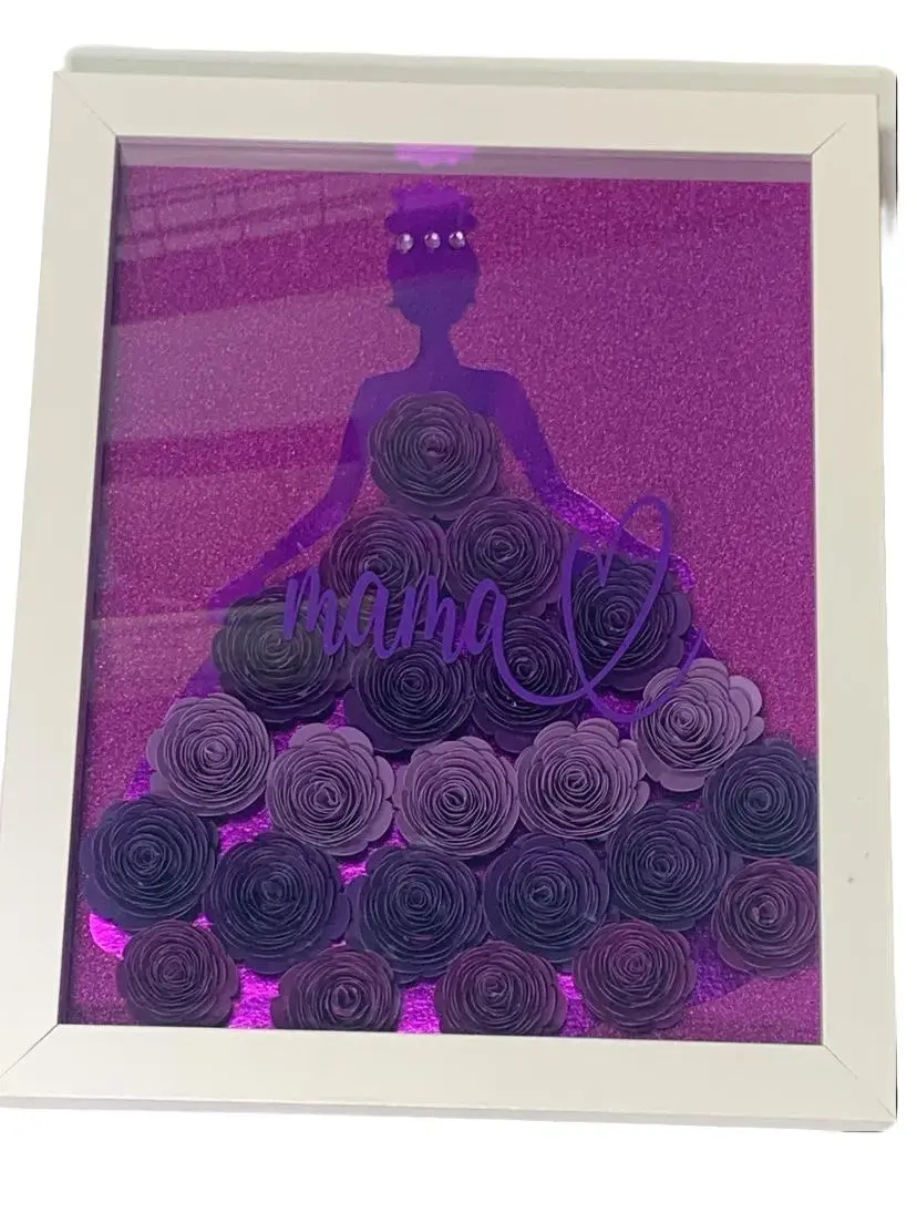 Mama Rose Shadow Box Frame - Purple Glitter Background, Silhouette Design, Floral Accents, Home Decor Gift for Wall Display