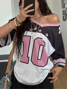 Women's Y2K Vintage Breathable Mesh Jersey Top, Loose Fit Digital Print Short Sleeve Tee, Tiktok Trendy Casual