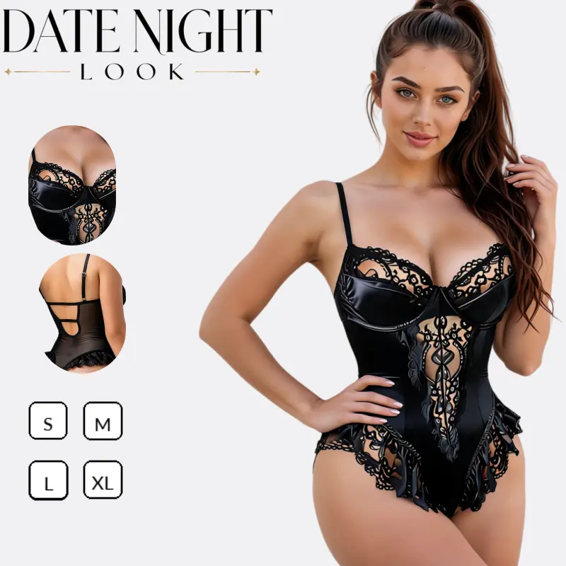 Women's Black Lace Bustier Bodysuit, Underwire Corset Teddy Lingerie with Adjustable Shoulder Straps, Sheer Mesh Panels and Ruffle Trim, Date Night Sleepwear  (Raincoat-MM Womenswear)