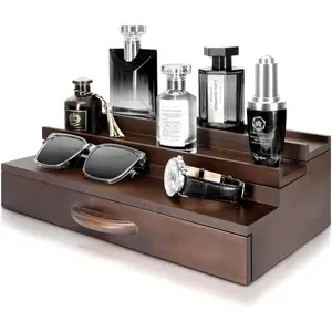 Farmhouse Wooden Cologne Organizer for Men - 3 Tier Perfume Stand Organizer for Dresser with Drawer and Hidden Compartment - Great Gift for Men (Retro Brown)