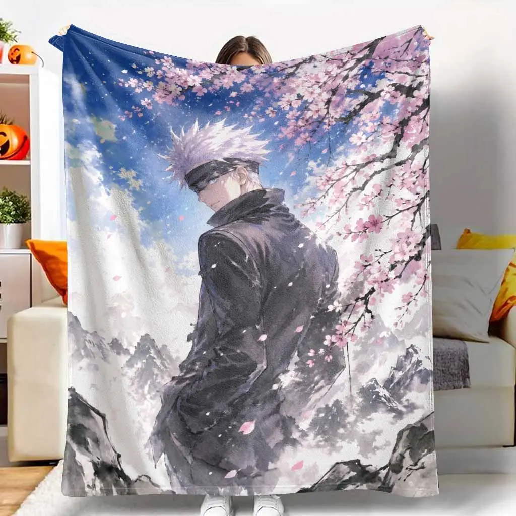 Gojo Satoru Cherry Blossom Flannel Blanket Anime Jujutsu Kaisen Print Ultra Soft Lightweight Breathable Warm Cozy Throw for Sofa Couch Bed Bedroom Decor Gifts for Fans Home Essentials College Dorms Travel Companion.