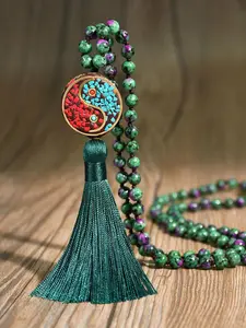 Boho Style Tassel Decor Natural Stone Beaded Necklace, Elegant Beaded Necklace, Vintage Style Tai Chi Pendant Necklace for Women & Men, Fashion Jewelry for Party, Daily Decor, Daily Wear Necklace, Exquisite Jewelry for Birthday Gift