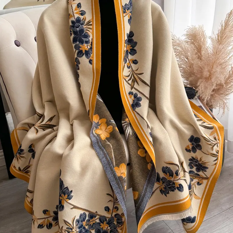 Floral Print Double Sided Thick Shawl, Boho Style Warm Scarf for Women & Men, Fashion Accessories for Daily Wear, Floral Pattern Shawl