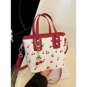 Fashion Cherry Pattern Handbag, Casual PU Leather Shoulder Bag for Women, Trendy All-match Crossbody Bag for Daily Use