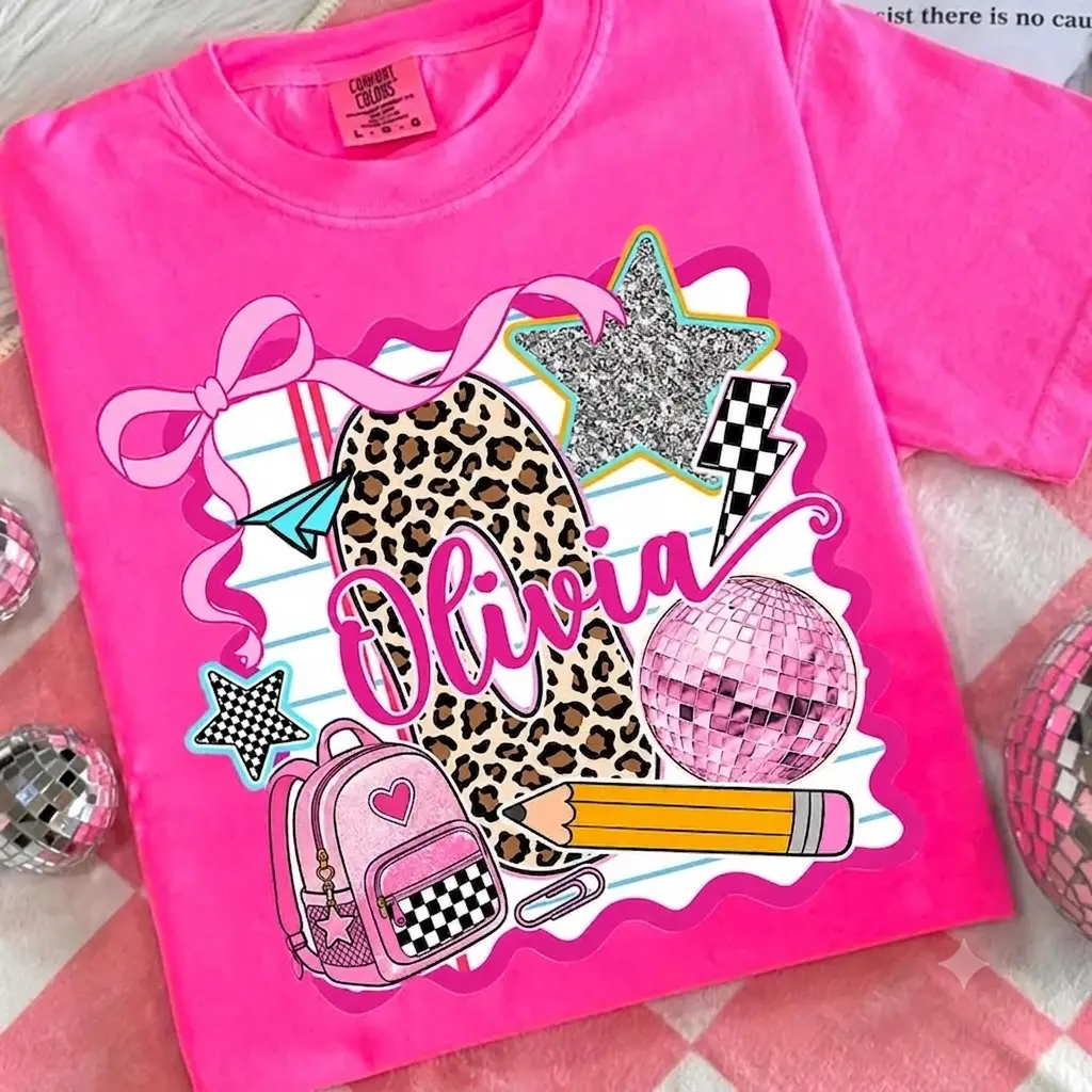 Custom Name Leopard Initial Comfort Colors Youth Shirt, Back To School Girl Tee, Coquette Bow Pencil Backpack Shirt, Custom Student Gift, Graphic T Shirts, Cute Clothes For School