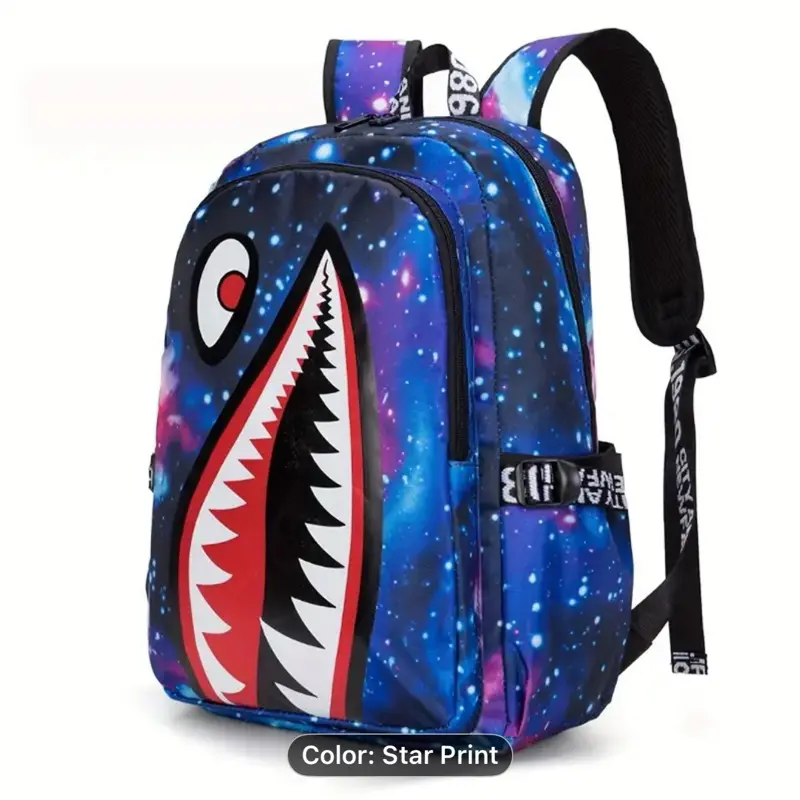 Anime Cool Star Print Backpack for Teenage Boys Girls Schoolbag with Cartoon Pattern Random Design