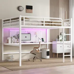 Queen Loft Bed Frame with Desk, Metal Loft Bed with LED Lighted and Power Outlet, Queen Size Loft Beds with Desk, Noise Reduced Structure,White