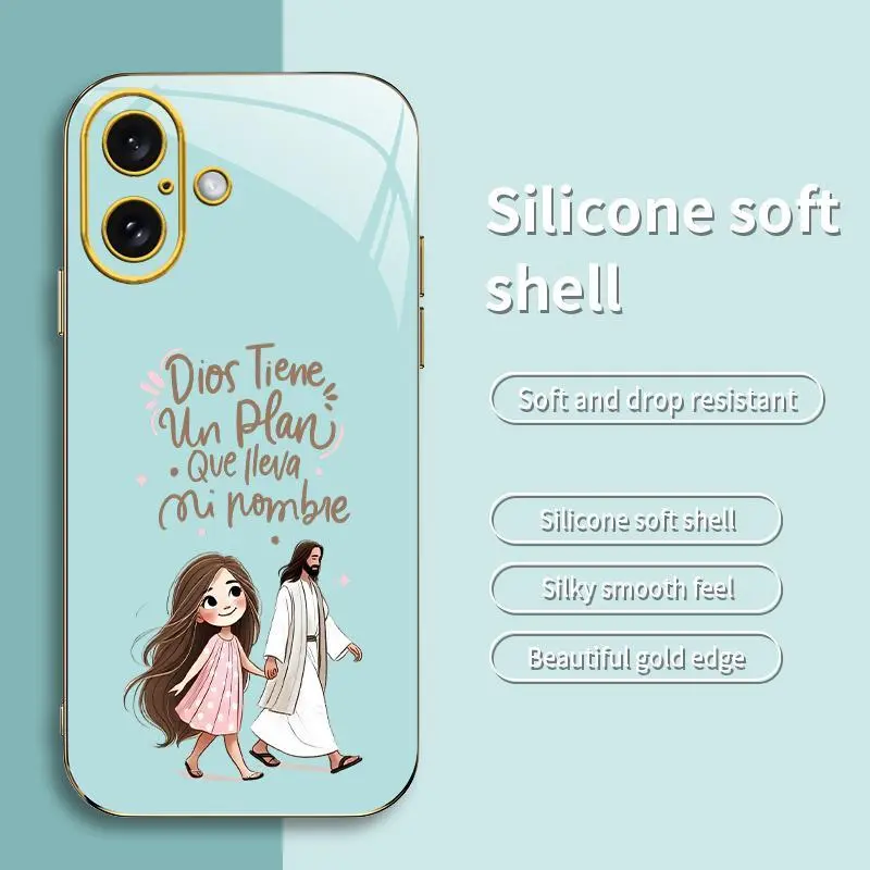 God Has a Plan Jesus Phone Case — Cute Spanish Christian Faith Gold-Edge Cover for iPhone 16 Plus — 975