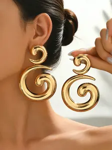 1 Pair Fashionable Exaggerated Personalized Silver Spiral Geometric Pendant Earrings, Elegant Design Versatile Jewelry For Women Daily, Party, Gathering