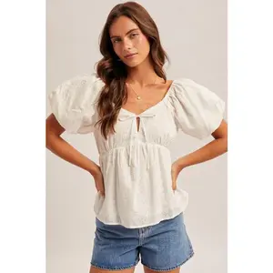 Sweetheart Neck Bubble Sleeve Babydoll Eyelet Top