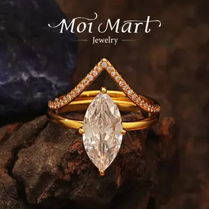 MOI MART 3CT Marquise Cut Solitaire Engagement Ring, Synthetic Moissanite S925 Silver Ring Set, King of Carats V-Shape pave-set band, Wedding Anniversary Gift