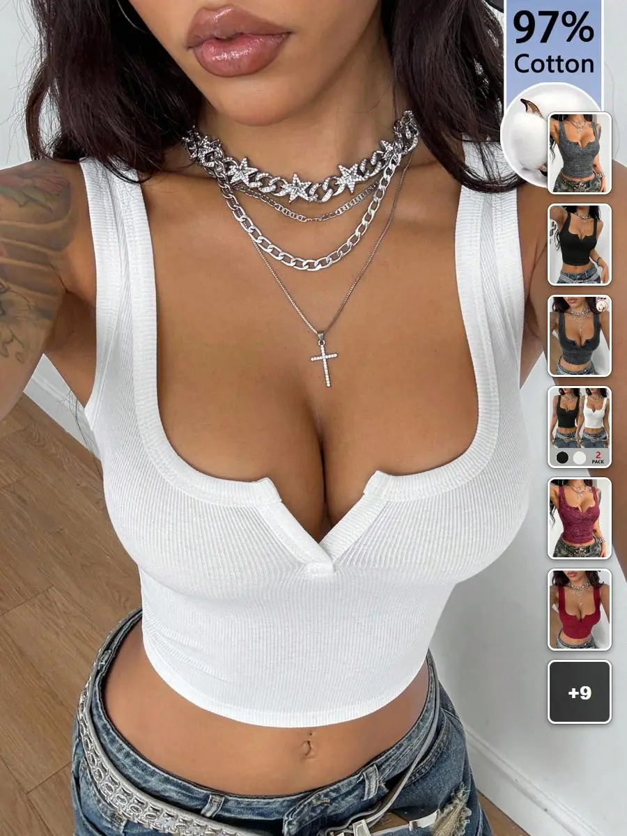 LACEX Rib knit cropped tank top notched collar white Y2K summer festival clubwear
