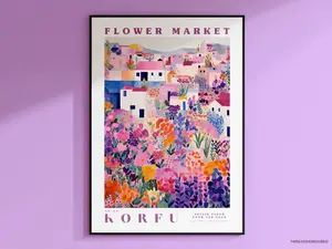Korfu Flower Market Poster, GreeceTravel Art, Trendy Wall Art, Botanical Wall Art, Floral Decor Posters, Purpleand Pink Flower Art, 70x100 Decoration Photo Artistic Room Print