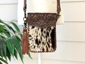 Western Cowhide Crossbody Bag Purse Cell Phone Smart Phone Wallet Tooled Leather Dark Brown Cowgirl Gifts for Her