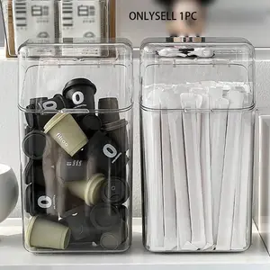 Dustproof Acrylic Straw Storage Box, Disposable Cutlery Holder with Lid, Capsule Coffee Milk Tea Organizer, Kitchen Utensil Container