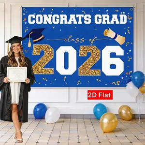 2D Flat Banner 1pc, 2026 Graduation Season Decor, Large Outdoor Flag, Blue, High School & University Party Supplies