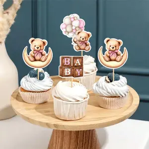 24pcs Birthday Cake Decorations, Bear Cake Picks, Flower Decoration, Gender Reveal Party Supplies, Baby Shower Essentials, Cake Decorating Supplies